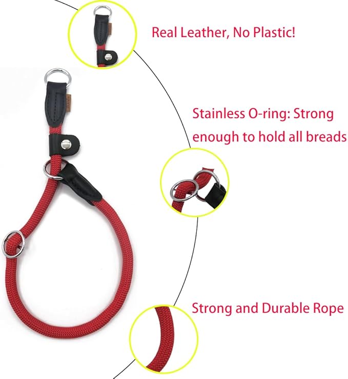 Braided Round Martingale Dog Collar, Training Collar with Slidable Stop Ring and Adjustable Stopper - Ideal for Medium Dogs (M(1/3") - 18" Long, Red)