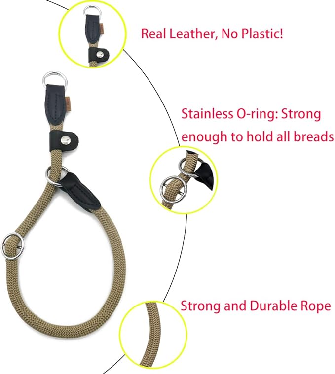 Braided Round Martingale Dog Collar, Training Collar with Slidable Stop Ring and Adjustable Stopper - Ideal for Medium Dogs (M(1/3") - 18" Long, Khaki)