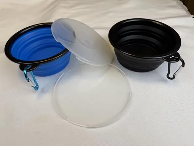 Limpet Collapsible Bowls,Set of 2 Travel Water Bowls for Pets, Portable Pet Feeding Watering Dish for Walking Parking Traveling with 2 Carabiners. (Black+Black, Large)