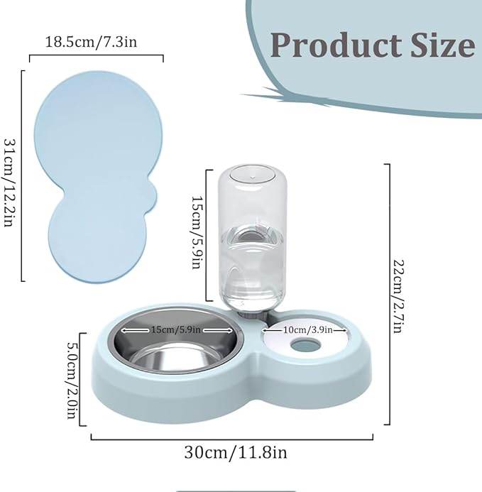 Double Dog Cat Bowls, Pets Food and Water Bowl Set with Automatic Water Dispenser and Stainless Steel Bowl Silicone Dog Bowl Mat, Gravity Feeder for Cats and Small Dogs Puppies (Sky Blue)