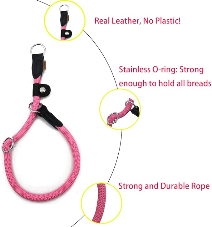 Braided Round Martingale Dog Collar, Training Collar with Slidable Stop Ring and Adjustable Stopper - Ideal for Large Dogs (L(1/2") - 20" Long, Pink)
