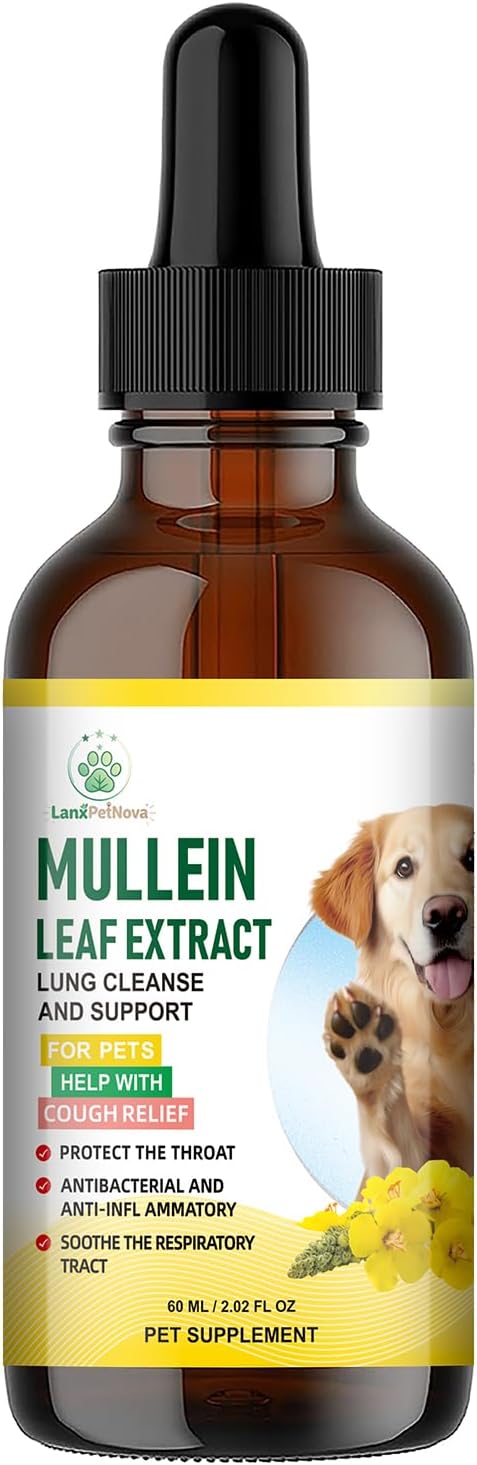 Mullein Lung Support Drops for Dogs & Cats, Relieves Kennel & Dry & Wet Cough, Lung Cleanse, Soothes Sore Throat, Eases Breathing - Pure Plant Extract, Hormone & Chemical Free, with Chlorophyll