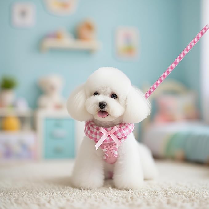 EXPAWLORER Cute Dog Harness Collar Leash Set - Pink Girl Dog Harness Checkered Step-in Design, Detachable Bow Pet Collar, Adjustable No-Choke Lightweight Mesh Vest for Cats Puppy Small Dogs, XS