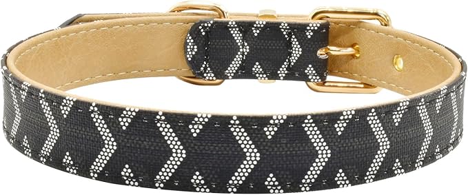 Leather Dog Collar and Leash Set, Check Pattern Dog Collar Leashes Metal Buckle Adjustable Durable for Small Medium Large Dogs (Black, XL(18-22IN))