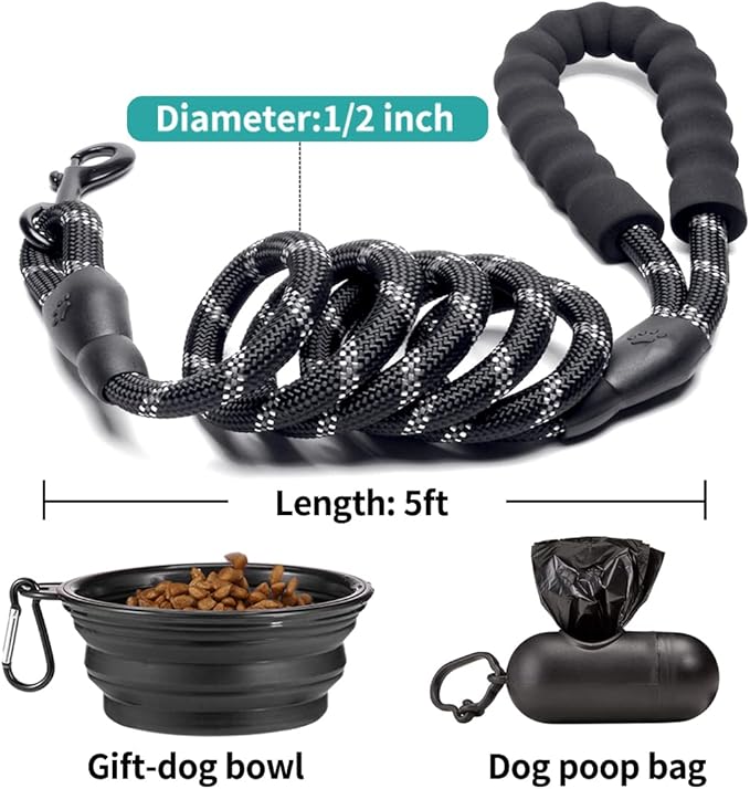 COOYOO 2 Pack Dog Leash 5 FT Heavy Duty - Comfortable Padded Handle - Reflective Dog Leash for Medium Large Dogs with Collapsible Pet Bowl¡