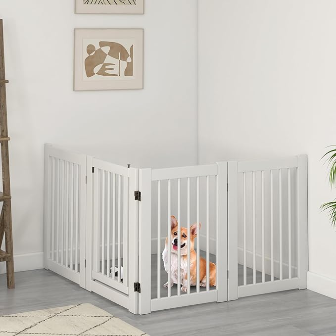 Giantex Dog Gate with Door - 30''H × 80''W Wooden Pet Gate with Walk Through Door, Foldable Freestanding 4 Panels Pet Safety Fence Extra Wide for Doorway Stairs House Deck Yard, White