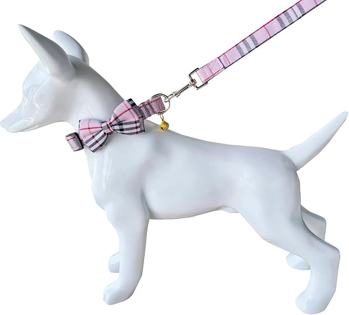 Yizepet Dog Collar and Leash Set-Plaid Puppy Collar with Bow Tie - Adjustable pet Collar for Dogs with Bell, Stylish Pattern for Small Medium or Large Boy and Girl Dog
