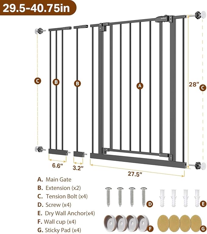 InnoTruth 29.5–40.75" Baby Gate for Stairs, 28" Tall Dog Gates for Doorways & Hallways, Safety Gate for Kids & Pets, Pressure-Mounted Walk-Through with Dual Lock & 2-Way Swing, Black