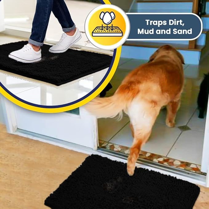 Muddy Mat® | Super Absorbent Door Mat Indoor, Microfiber Quick Dry Chenille Entryway Rug, Non-Slip Front Door Mat, Indoor Mats for Entryway, Machine Washable Pet Rug, Black 6ft x 9ft