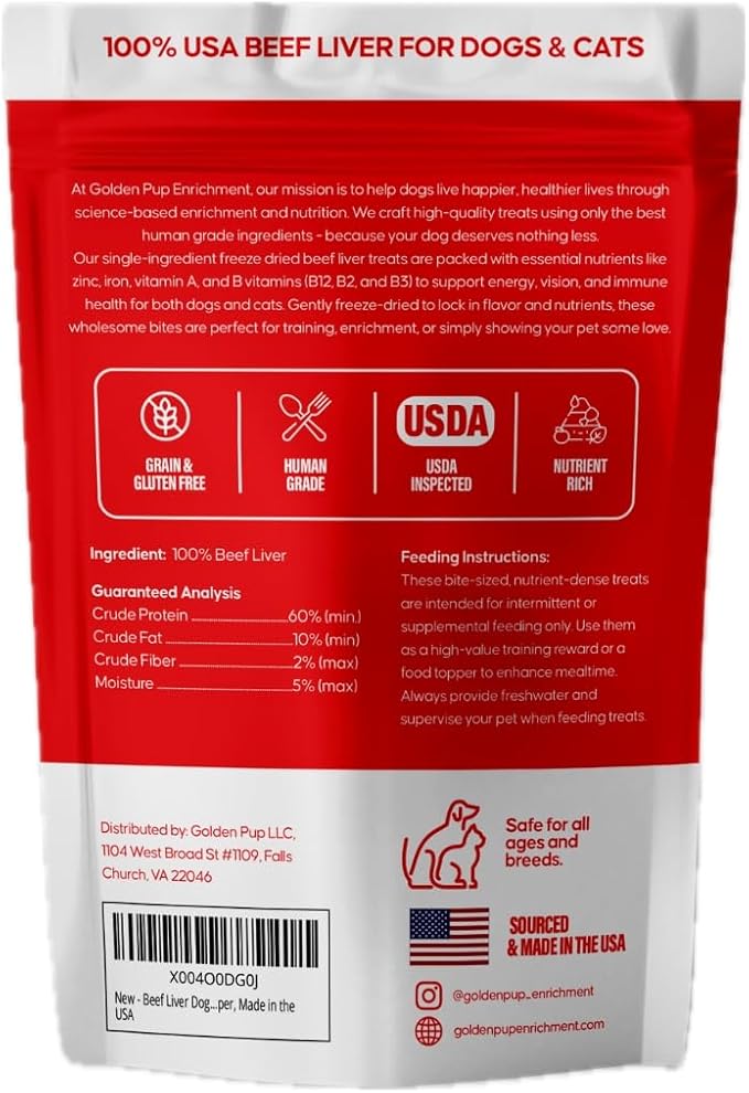 Freeze Dried Beef Liver Dog Treats, Beef Liver Dog Treats, Single Ingredient, Human Grade, No Fillers, High Protein, Grain Free, Gluten Free, All Natural Meal Topper, Made in the USA (1-Pack)