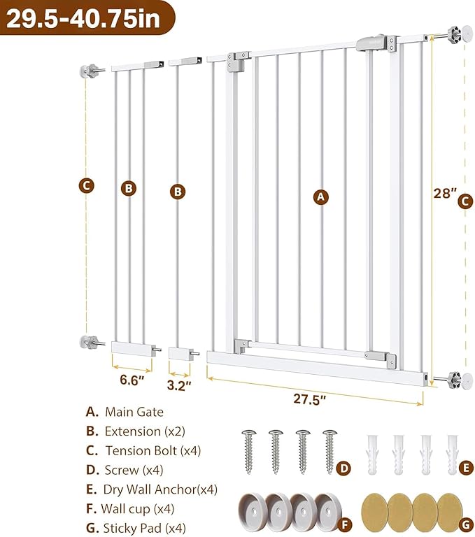 InnoTruth 29.5–40.75" Baby Gate for Stairs, 28" Tall Dog Gates for Doorways & Hallways, Safety Gate for Kids & Pets, Pressure-Mounted Walk-Through with Dual Lock & 2-Way Swing, White