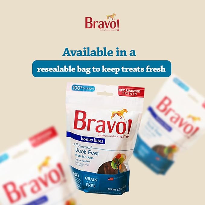 Bravo! Bonus Bites Single Ingredient Dry Roasted Duck Feet Dog Treats, 200 Count, High Protein, Grain Free, Gluten Free