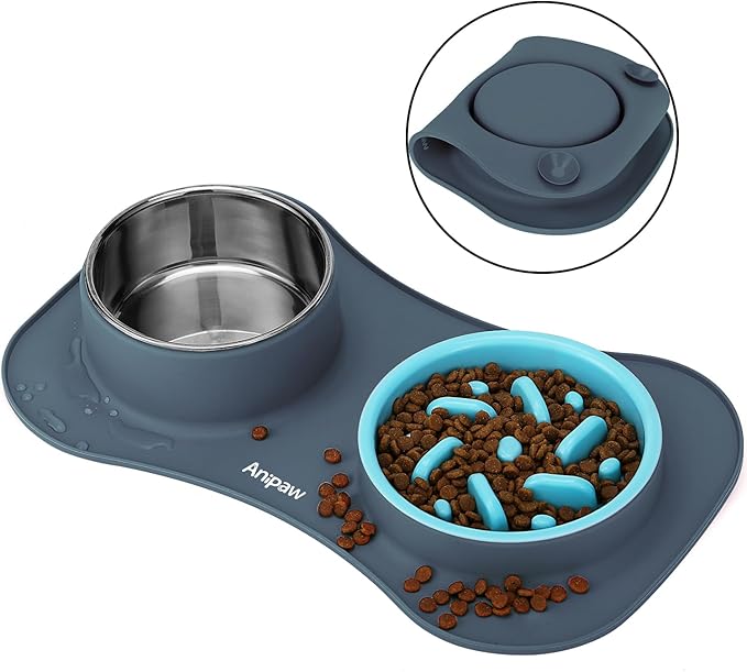 Anipaw Slow Feeder Dog Bowls 3 in 1 Stainless Steel Dog Food and Water Bowls with Non-Spill and Non-Skid Silicone Mat to Slow Down Eating for Large Medium Small Breed Size Dogs and Cats