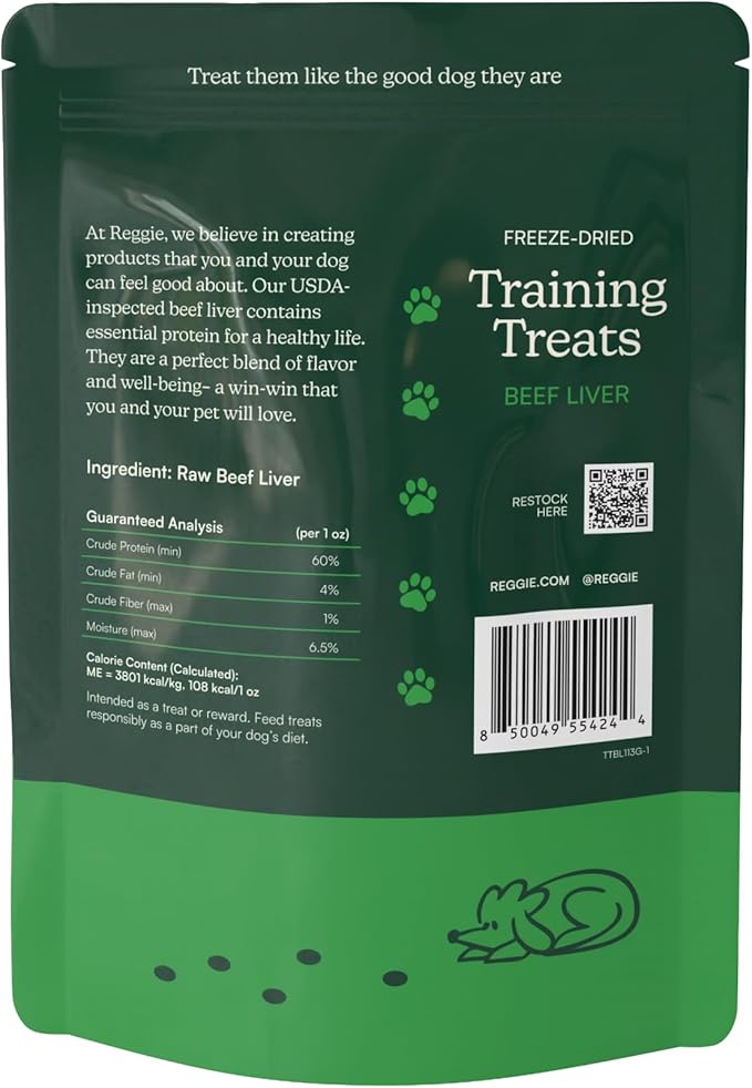 Reggie Freeze-Dried Beef Liver Treats Single Ingredient Dog Treats, High Protein Training Treats or Meal Topper for All Dogs, USDA-Inspected Beef Liver, Grain-Free, Gluten-Free, USA Made | 4OZ