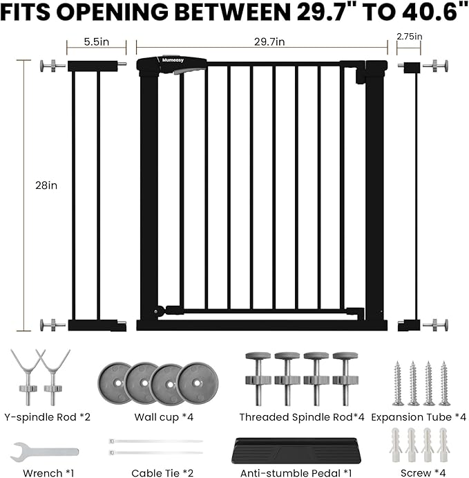 Baby Gate for Stairs, 29.7-40.6" Pressure Mounted Dog Gate, Auto Close Safety Gate for Children & Pets, Easy Install Pet Gate with Walk Thru Door for Doorways & Hallways, No Drilling, Dual-Lock Design