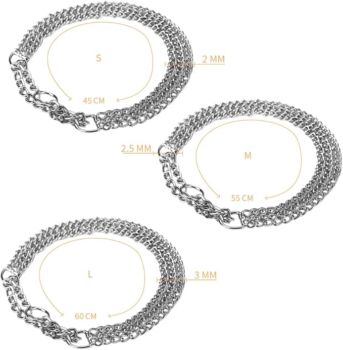 Dog Chain Collar, Heavy Duty Silver Triple Row Martingale Chain Dog Collars, Chew Proof Metal Cuban Link Dog Collar Adjustable for Small Medium Large Breed Dogs (3 Row, S)
