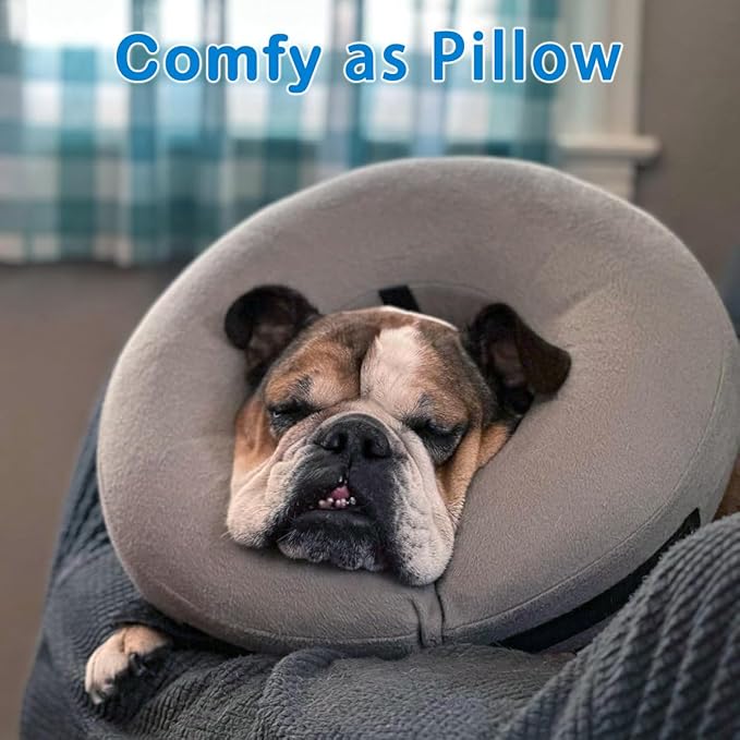 Inflatable Dog Cone Collar, Soft Dog Cone Blow-up Protective Recovery Collar, Grey (L Size)
