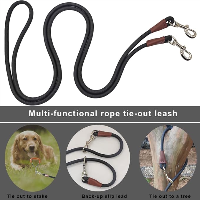 Tie Out Rope Dog Leash, Long Tether 8-10-13-15-20-25-30-35-40-50-65 FT Nylon Check Cord for Medium Large Dogs Indoor/Outdoor Playing Camping Backyard (Black, 3/8" x 40ft)