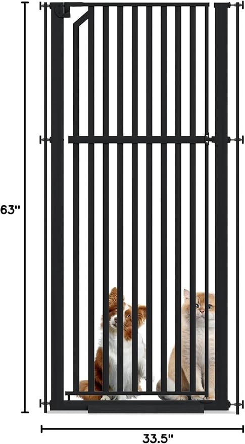Glaf Extra Tall Pet Gate 63" Pressure Mounted Cat Door Safety Metal Cat Gate Adjustable Width Dog Door Auto-Close Dog Gate for Doorways, Stairs, Kitchen, Hallway (Black, 29.92-33.46")