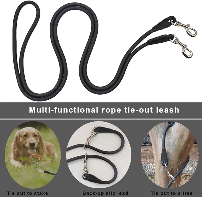 30FT Dog Tie Out Leash, Long Tether 8-10-13-15-20-25-35-40-50-65 FT Nylon Rope Check Cord for Medium Large Dogs Indoor/Outdoor Playing Camping Backyard (Black, 3/8")