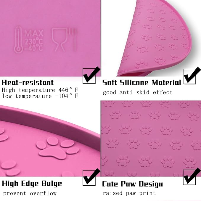 Silicone pet Food mat, Dog Food and Water mat, Raised Edge Rubber mat for Dog Bowls, Prevents Food and Water from staining Floors, Suitable for Small and Medium Pets,10.6'' (Pink - Odorless)