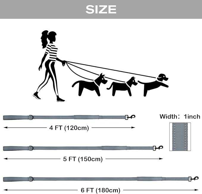 Joytale Dog Leash Heavy Duty for Large Dogs that Pull, Double Handle for Traffic Control, Double-Sided Reflective Leashes for Large Medium Dogs Night Safety, 4FT, Gray