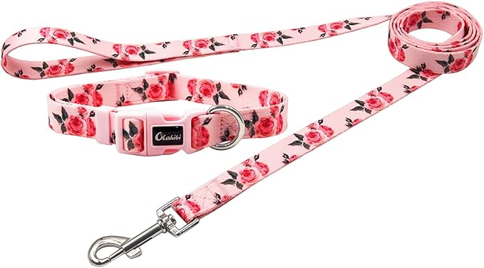 Dog Collar and Leash Set, Cute Rose Pattern, Polyester Material, 5ft Leash, for Small Dogs.(Small,Pink Rose)
