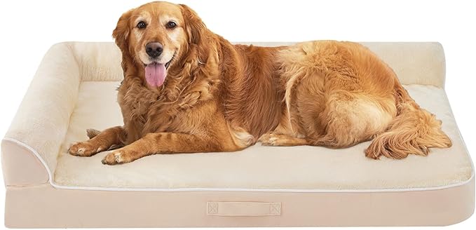 Dog Bed Large Sized Dogs, XXL Orthopedic Dog Bed for Large Dogs, Waterproof Pet Bed with Washable Removable Cover, L-Shaped Pet Couch with Portable Handle 48"x35"x7.5", Beige