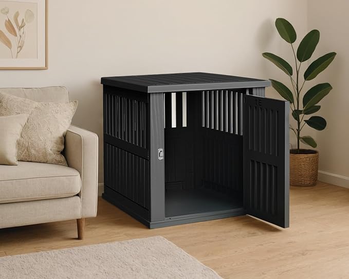 30 INCH Small Dog Crate Furniture Lockable Dog Kennel Indoor Dog Cage Plastic Pet Cage End Table for Small/Medium Dogs, Black