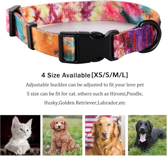 Dog Collar and Leash Set for XSmall Small Medium Large Dogs, Rainbow Stripes, Tie Dye Dog Collar (S(9.9''-11.8''))