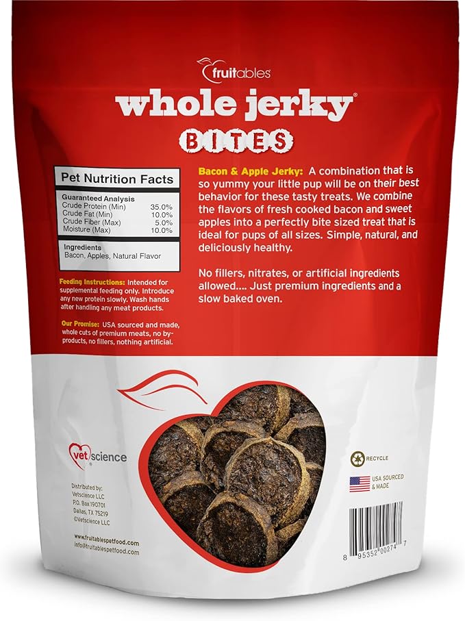 Fruitables Whole Jerky Bites, Healthy Dog Treats, Puppy Essentials, Jerky Dog Treats, Made in the USA, No Fillers or Nitrates, Real Bacon & Apple Flavor, 5oz
