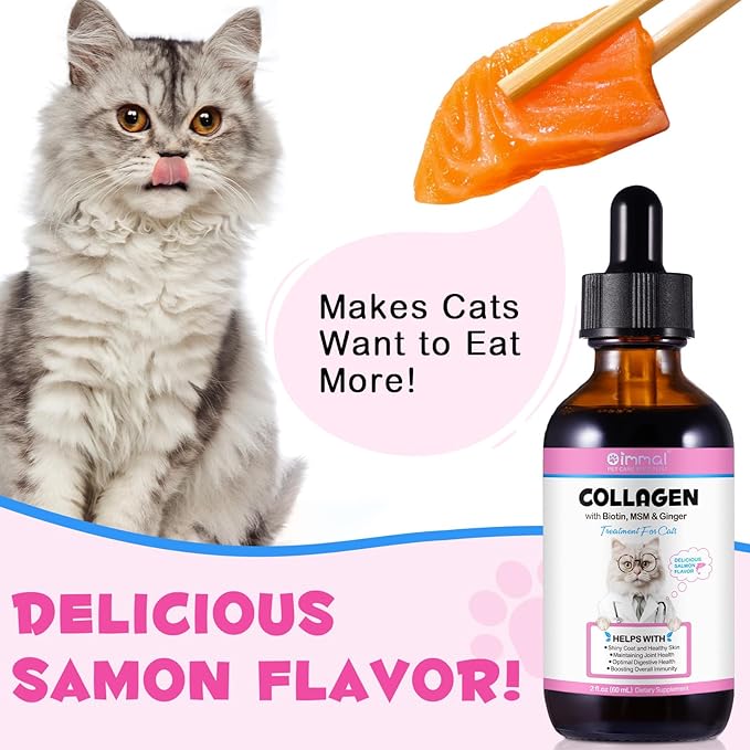 Collagen for Cats, Cat Collagen Liquid Drops for Cats with Biotin, MSM & Ginger Digestive & Immunity Support, Itch Relief, Skin & Coat and Joint Health, Cat Supplement 60ml 