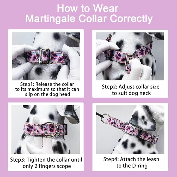 Reflective Martingale Collar for Dogs Nylon Training Collar with No Buckle Cute Floral No Pull Dog Collar for Small Dogs(Purple Flower,S)