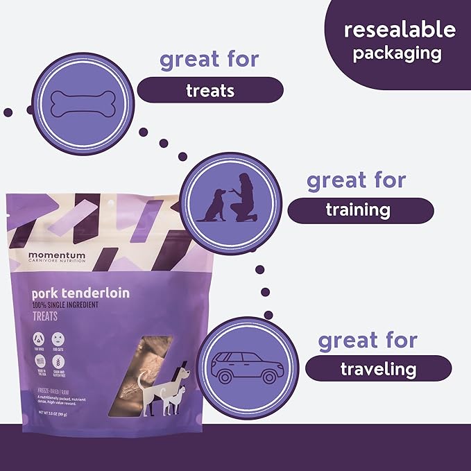 Momentum Carnivore Nutrition Freeze-Dried Pork Tenderloin Dog Treats & Cat Treats – Single-Ingredient, High-Protein, Grain-Free, Lean & Naturally Tender – Made in USA – 3.5 oz Bag