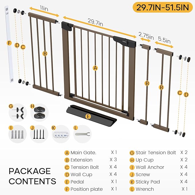 Cumbor 2 Pack 29.7-51.5" Extra Wide Baby Gate for Stairs, Mom's Choice Awards Winner-Dog Gates for Doorways, Pressure Mounted Walk Through Pet Gate Indoor, Safety Auto-Close Child Gate for Kid,Brown