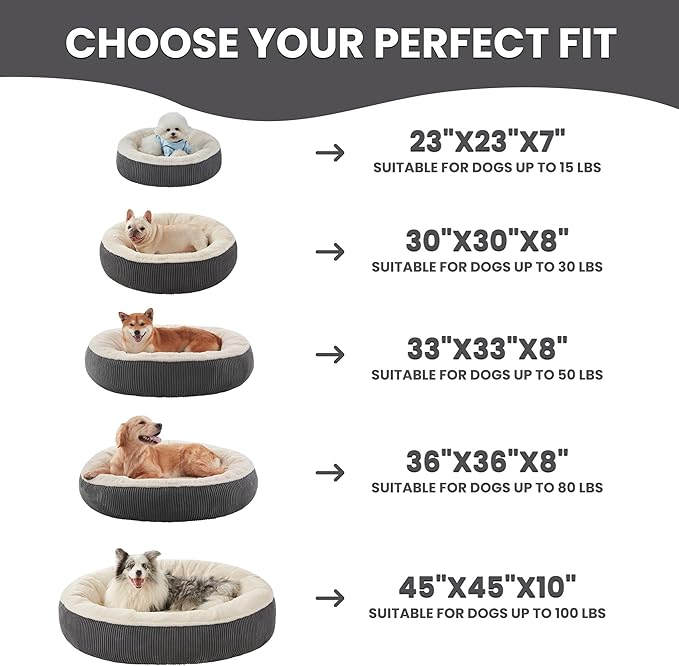 23 inches Donut Dog Bed for Small Dogs - Calming Round Puppy Bed with Removable &Washable Cover, Plush Faux Fur & Corduroy Pet Bed for Cats, Fits Pets up to 15 lbs(Dark Grey,Small)