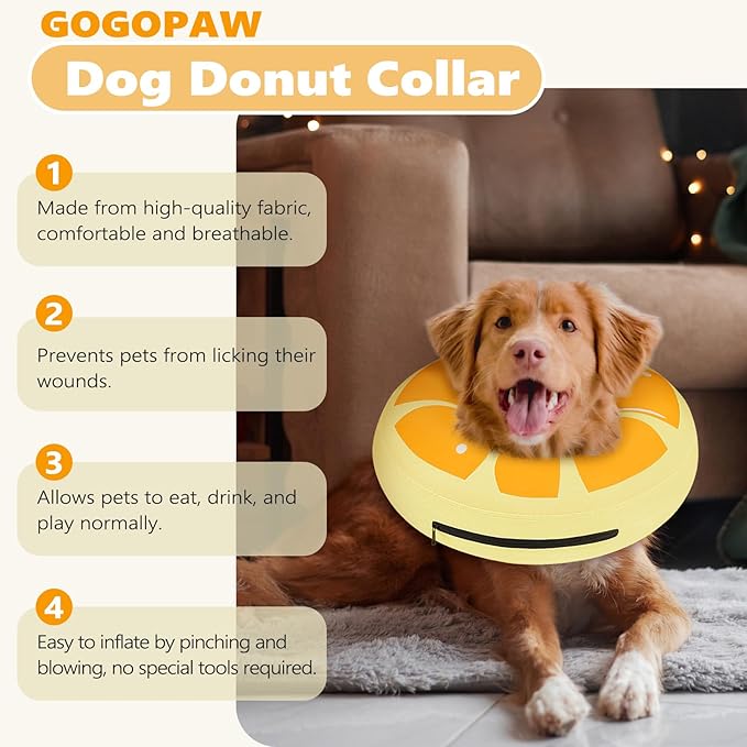 Inflatable Dog Cone Collar to Stop Licking, Soft Neck Donut Collar After Surgery, Adjustable Recovery Cone for Small Medium Large Dogs (Orange,S)