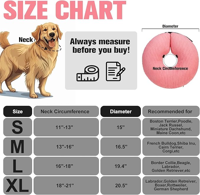 BINGPET Inflatable Dog Cone Collar Alternative After Surgery,Soft Recovery Cone for Dogs to Stop Licking, Blow up Protective Neck Donut ECollars Adjustable for Large Medium Small Puppy Pet, Pink XL