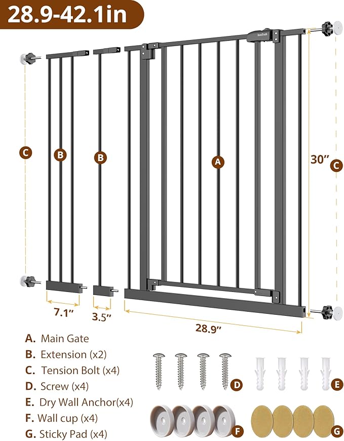 InnoTruth 28.9-42.1" Wide Baby Gate for Stairs, 30" Tall Dog Gates for Doorways Expandable One-Hand Open, Easy Walk Through Dual Lock Metal Pet Gates for Dogs, Black-Family & Mom's Choice Award Winner