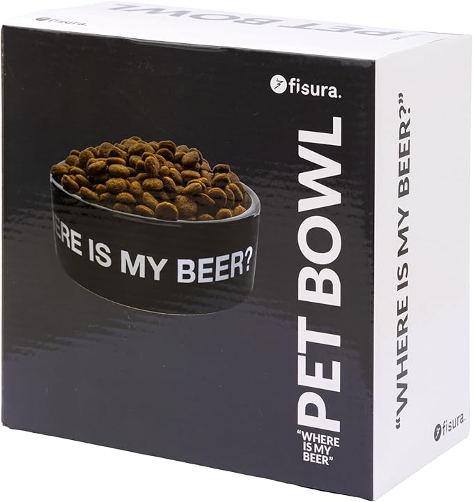 Fisura Ceramic Dog Bowl β Original Black Pet Dish Where is My Beer? β 25 oz Capacity for Small, Medium & Large Dogs β Food & Water Bowl, 6.3 x 6.3 x 2.4 in
