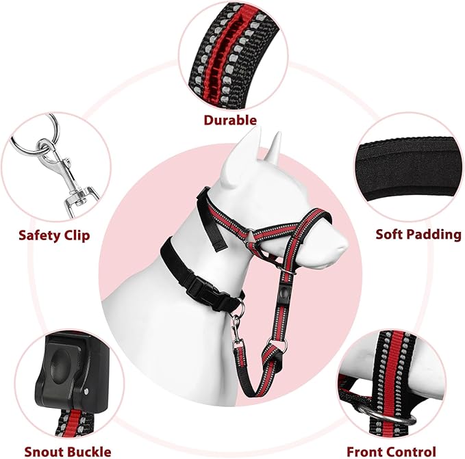 BARKLESS Soft Dog Head Collar, Patented Padded No Pull Head Halter, Training Nose Leash with Safety Link for Medium Large Dogs, Adjustable Muzzle Leash, Easy Control for Walking (M, Red)
