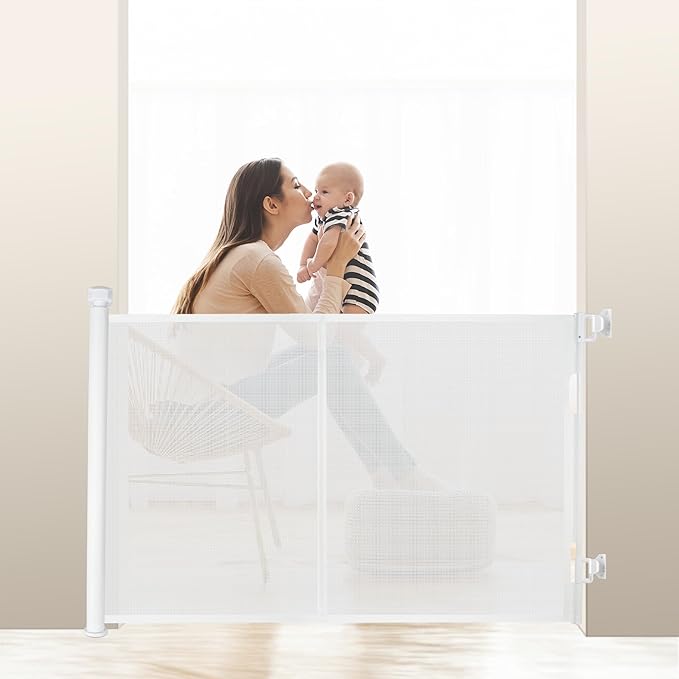 100 inches Retractable Baby Gate, 34 inches Tall Extra Wide Mesh Safety Gate for Open Floor Plans, Wide Doorways, Baby and Pet Barrier for Indoor Outdoor Use, White