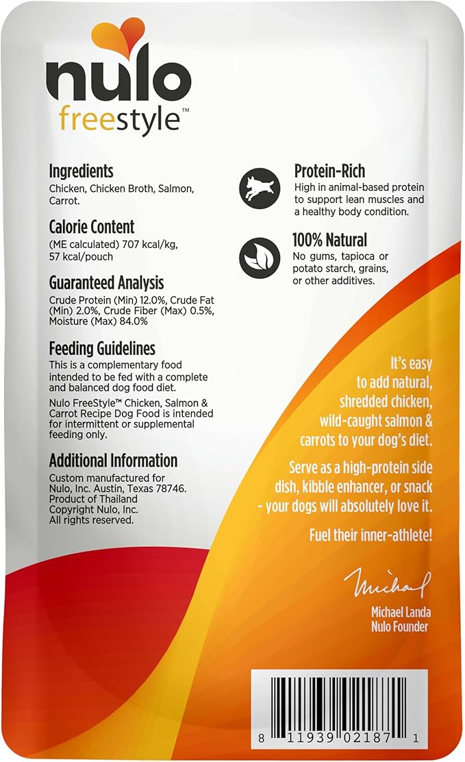 Nulo Freestyle Chicken, Salmon, & Carrot in Broth Real Meat Dog Food Topper, 2.8 Ounce (Pack of 24)