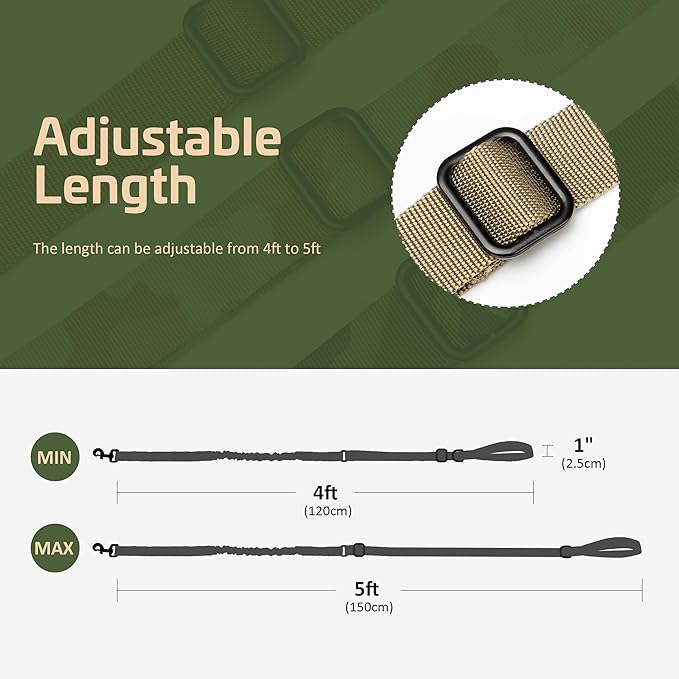 Forestpaw Tactical Dog Leash for Large Dogs,Heavy Duty Bungee Dog Leash with Shock Absorption,2 Padded Handles for Training Running Walking,Adjustable 4-5FT,Khaki