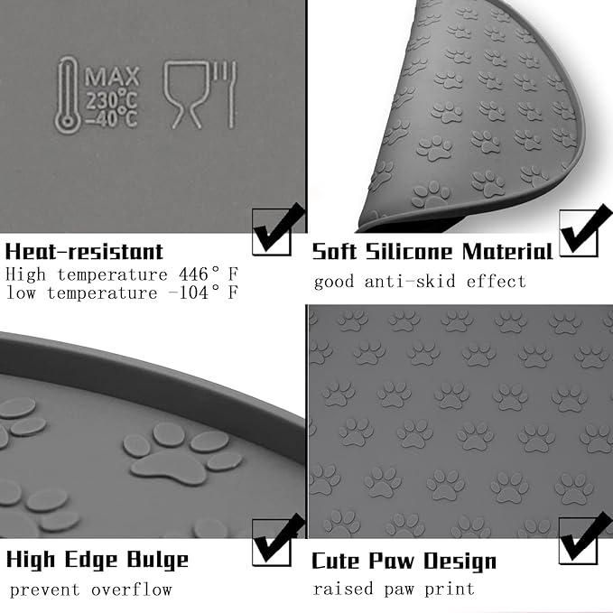 Silicone pet Food mat, Dog Food and Water mat, Raised Edge Rubber mat for Dog Bowls, Prevents Food and Water from staining Floors, Suitable for Small and Medium Pets,10.6'' (Gray - Odorless)