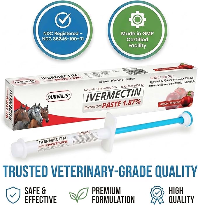 Ivermectin Horse Paste 1.87% Dewormer 6.08g Dose-Effective Appled Flavored Ivermectin Paste for Equine Care,Horse Deworming Paste -for Horses Up to 1250 lb (24 Pack)