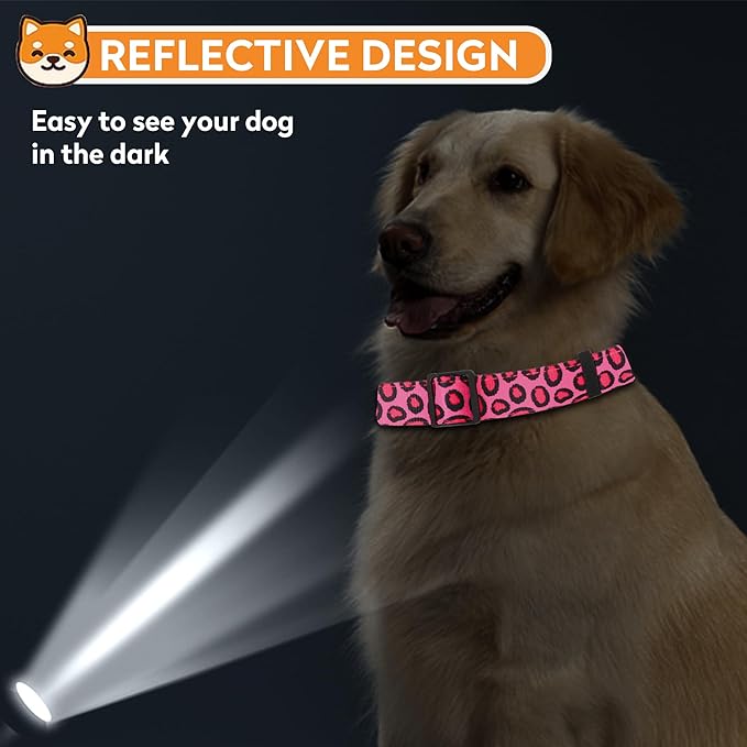 Reflective Dog Collar, Adjustable Soft Neoprene Padded Nylon Pet Collars with Buckle for Puppy and Small Dogs, Cats, Leopard Pink,S