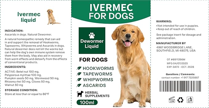 lvermect Dewormer Liquid for Dogs, Broad Spectrum for All Wormer, Digestive Cleanser Treatment, Hookworms, Lung Worms, Pin Worms, Round Worms