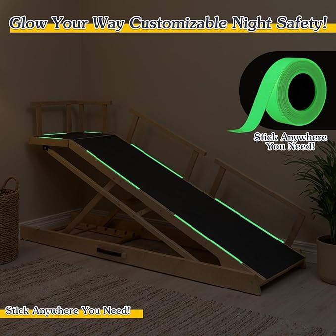 6 Level Height Adjustable Dog Ramp for Bed, Couch 65" Foldable Pet Ramp with Non-Slip Mat,DIY Glow Strips & Rest Platform Heavy Duty Dog Stairs for Large Dogs up to 200Lbs ,Wood Color