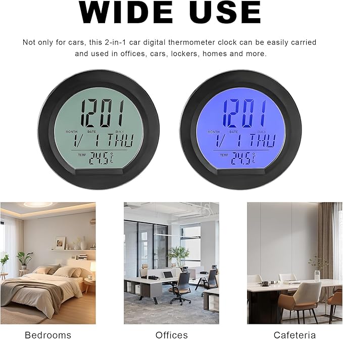 Car Digital Thermometer Clock, Solar Powered Mini Dashboard Clock with Date & 12/24 Hour Format Time, Adhesive LCD Display Watch with Backlight for Vehicle Office Home